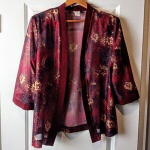 Haband Burgundy Red Floral Sheer Open Jacket